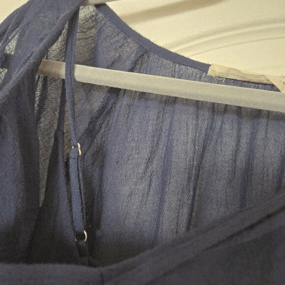 Johnny Was Calme Navy Blue Cold-Shoulder Boho Peasant Blouse with Pom-Pom Tie S - Picture 5 of 9